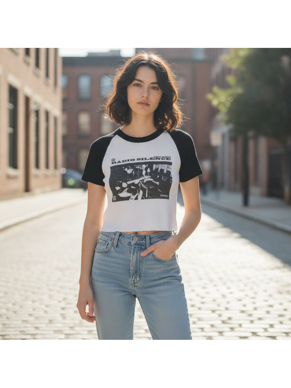 John Galt Radio Silence White and Black Baseball Cropped Tee
